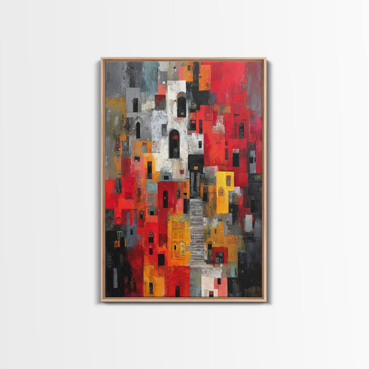 Red Black Abstract City Facades Framed Canvas Print, Modern African Wall Art, Urban Architecture Decor, Bold Home Decor Art