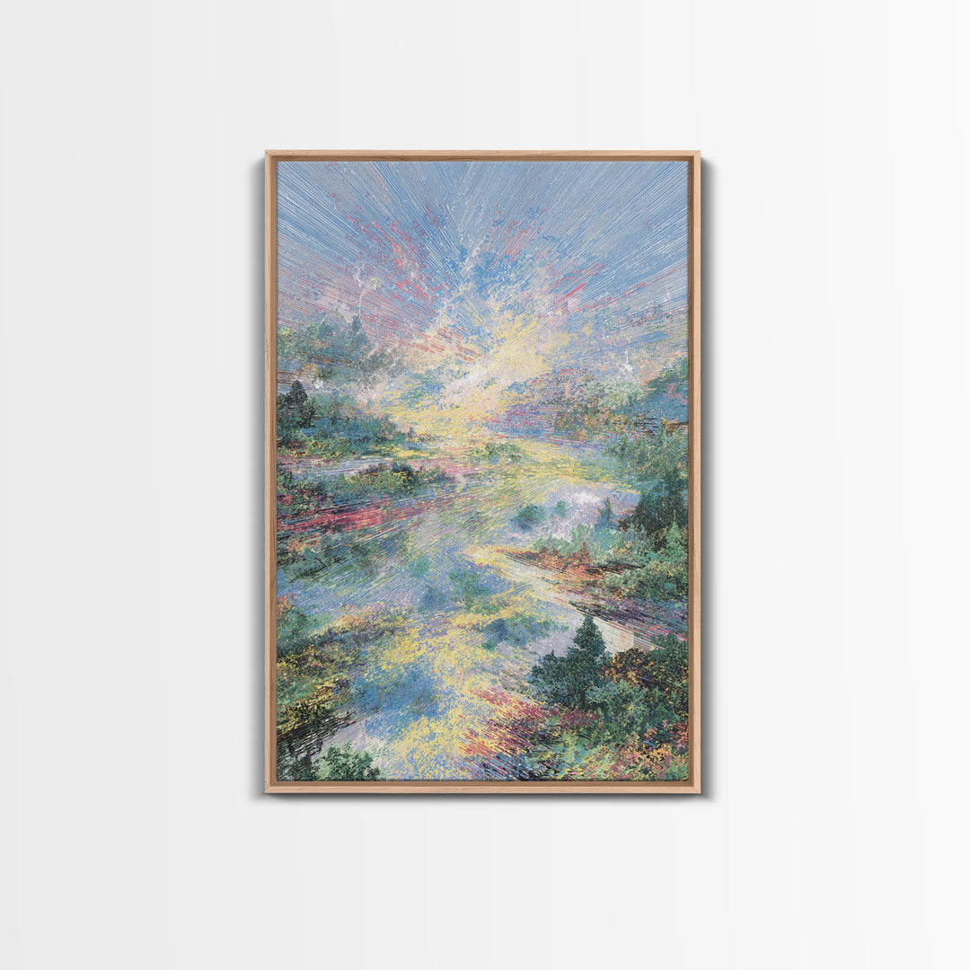 Luminous River Sunrise Landscape Framed Canvas Print, Dreamy Wall Art, Nature Scene Art, Serene Living Room Decor, Home Decor Gift