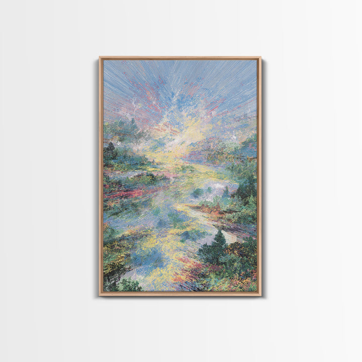 Luminous River Sunrise Landscape Framed Canvas Print, Dreamy Wall Art, Nature Scene Art, Serene Living Room Decor, Home Decor Gift