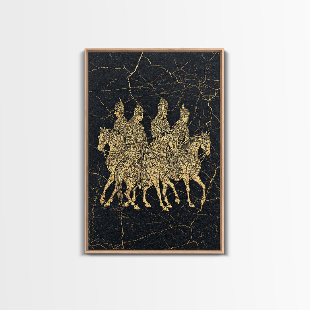 Golden African Horse Warriors On Black Stone Wall Art, African Warrior Art, Tribal Art Decor, Black Gold Canvas Decor Print