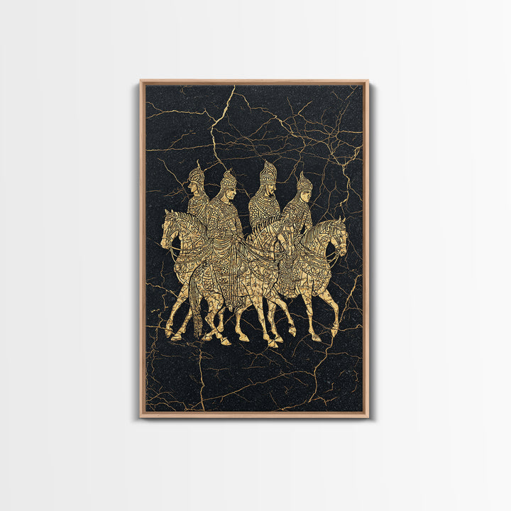 Golden African Horse Warriors On Black Stone Wall Art, African Warrior Art, Tribal Art Decor, Black Gold Canvas Decor Print