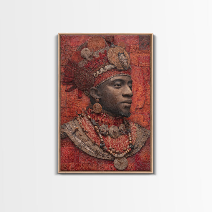 Ornate African Royal Man With Headdress Framed Canvas Print, African Portrait, Tribal Art Print, Red Cultural Wall Decor