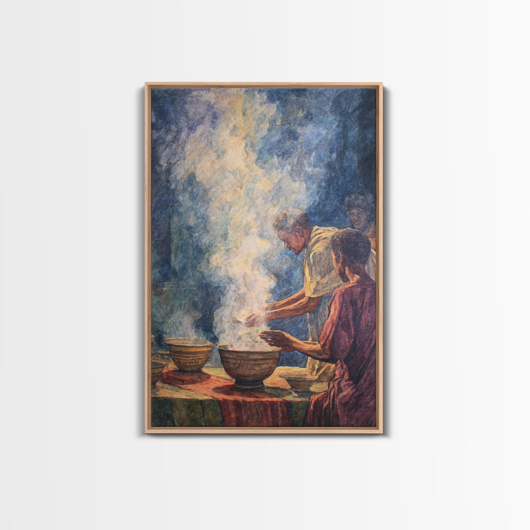 African Community Cooking Ritual With Steaming Bowls Wall Art, Cultural Home Decor, Ethnic Art Print, Warm Kitchen Poster