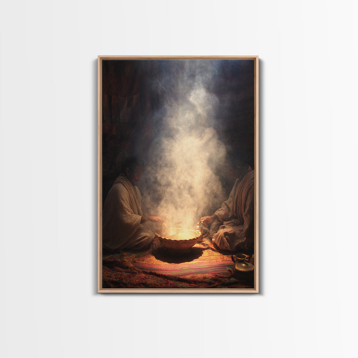 Two African Men Beside Smoky Ritual Pot Framed Canvas Print, Spiritual Wall Art, Cultural Decor, Earth Tone Home Decor Gift