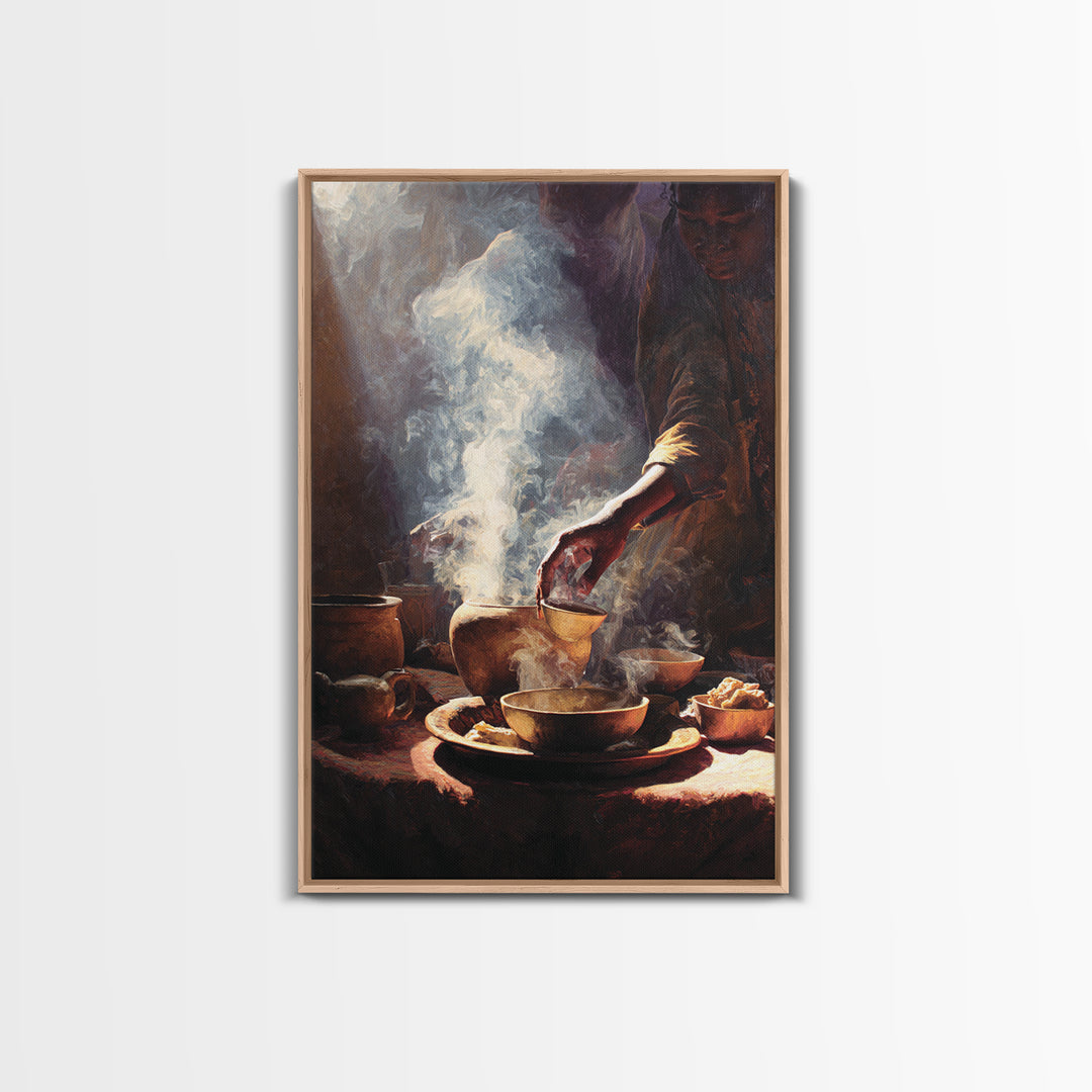 Steaming African Tea And Coffee Ceremony Still Life Canvas Print, Warm Kitchen Wall Art, Cultural Decor, Brown Black Art Decor