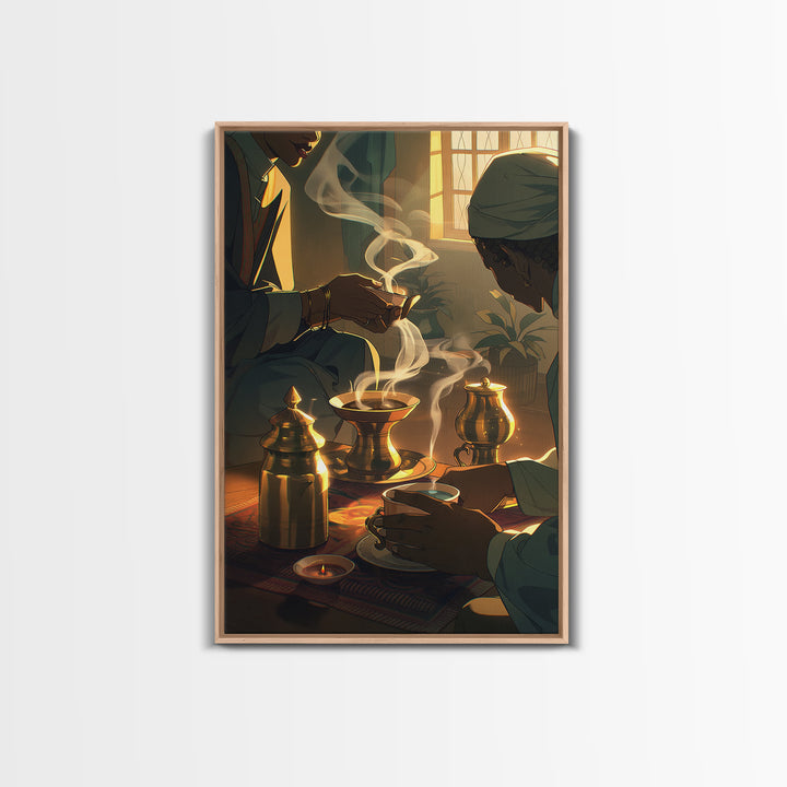 Sunlit African Tea Ceremony With Brass Vessels Wall Art, Afrocentric Decor, Boho Home Decor, Warm Cultural Canvas Print Gift