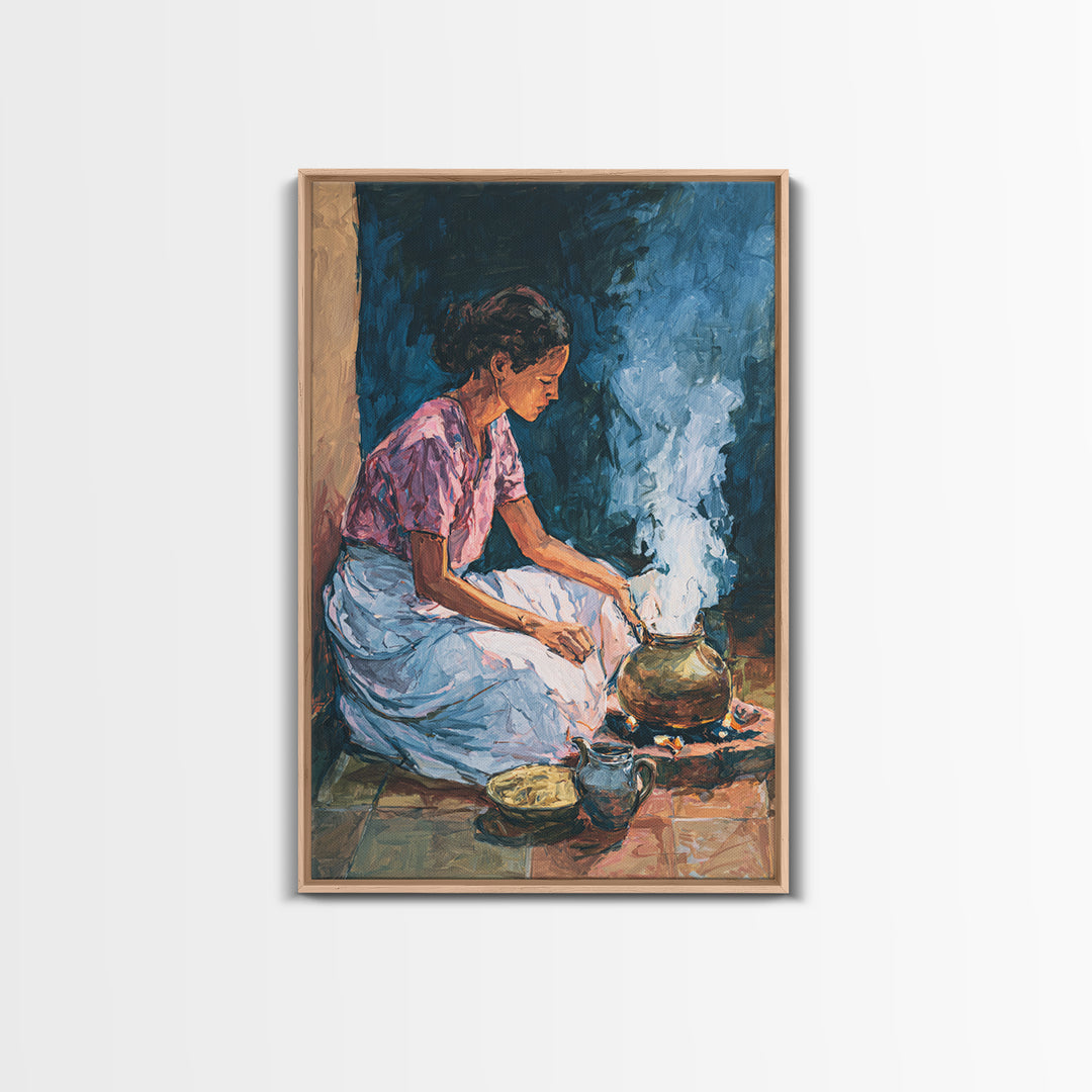 African Woman Cooking Steam Wall Art, Afrocentric Kitchen Portrait Canvas Print, Cultural Home Decor, Gift For Her, Blue Orange Painting