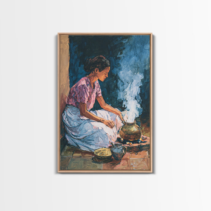 African Woman Cooking Steam Wall Art, Afrocentric Kitchen Portrait Canvas Print, Cultural Home Decor, Gift For Her, Blue Orange Painting