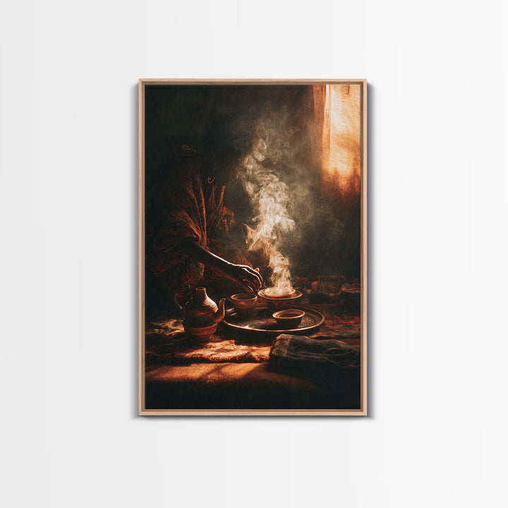 Moody African Woman Tea Ritual Wall Art, Incense Smoke Canvas Print, Afrocentric Decor, Black Culture Art, Gift For Her, Home Decor