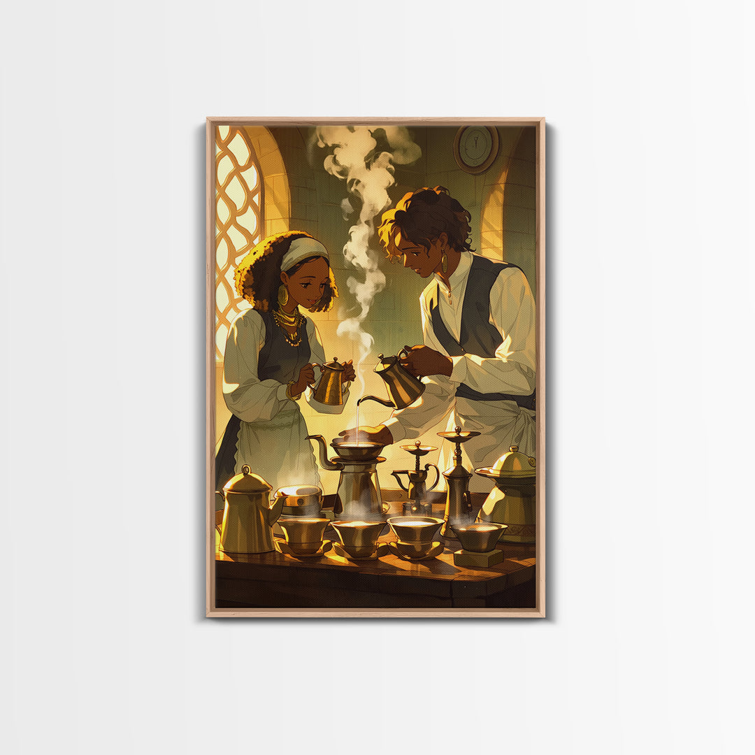 African Couple Tea Ceremony Wall Art, Golden Kitchen Canvas Print, Afrocentric Romance Decor, Black Love Art, Wedding Gift