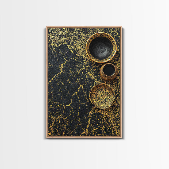 Black Gold Vessels Texture Wall Art, African Inspired Canvas Print, Abstract Ethnic Art, Luxury Kitchen Decor, Home Decor Gift