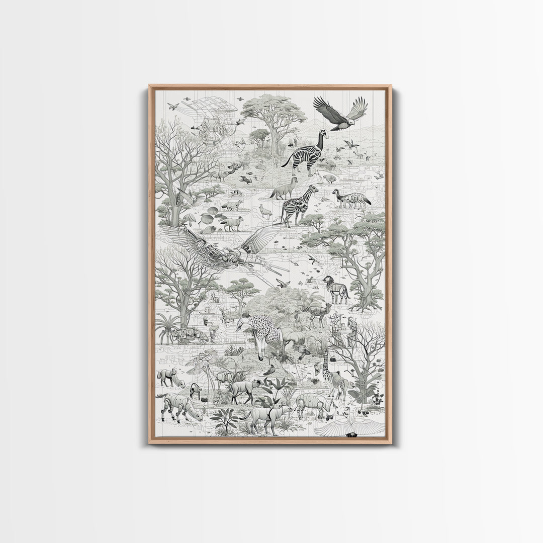 Intricate Monochrome African Safari Map Wall Art, Serengeti Animals, Elephant, Zebra, Giraffe, Travel Inspired Home Decor