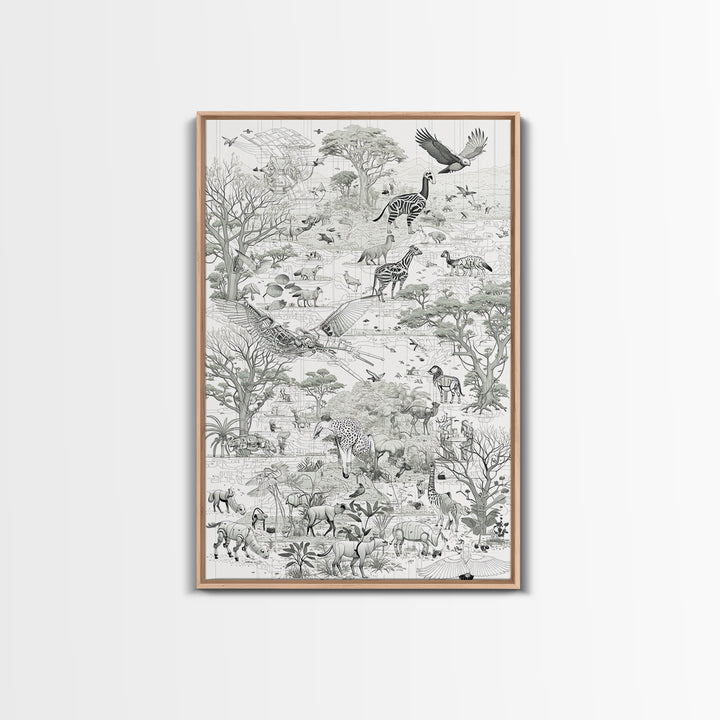 Intricate Monochrome African Safari Map Wall Art, Serengeti Animals, Elephant, Zebra, Giraffe, Travel Inspired Home Decor