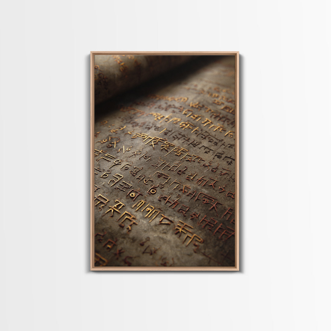 Aged Bronze Ancient Script Framed Canvas Print, Close Up Manuscript, Cultural Wall Art, Earth Tone Office Decor Gift For Study