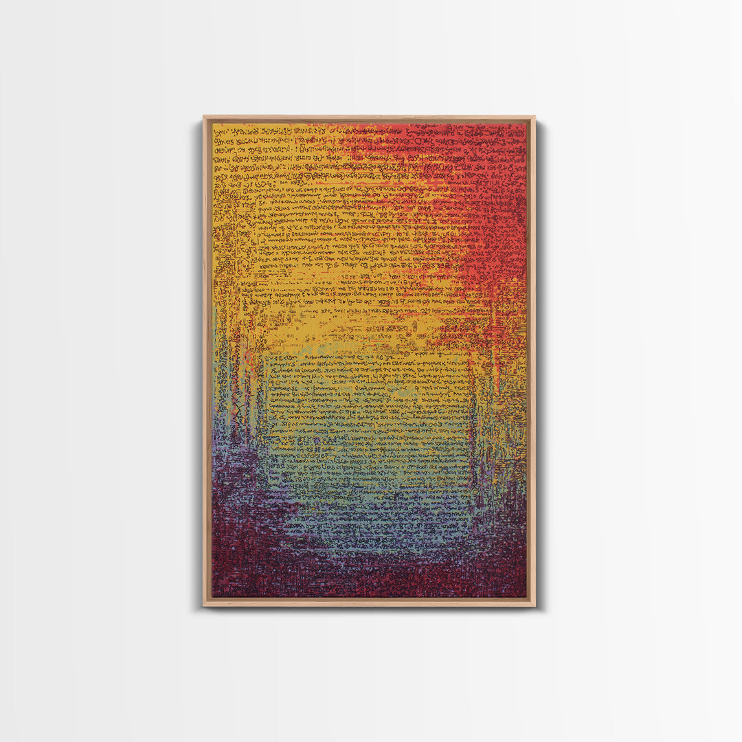 Colorful Gradient Ancient Manuscript Wall Art, Red Yellow Blue Abstract Script, Modern Canvas Print, Vibrant Home Decor Gift