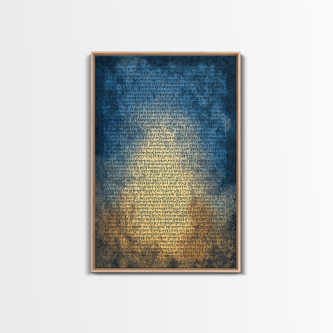 Blue Ancient Script Manuscript Canvas Print, Glowing Parchment Wall Art, Spiritual Cultural Decor, Elegant Office Gift For Her