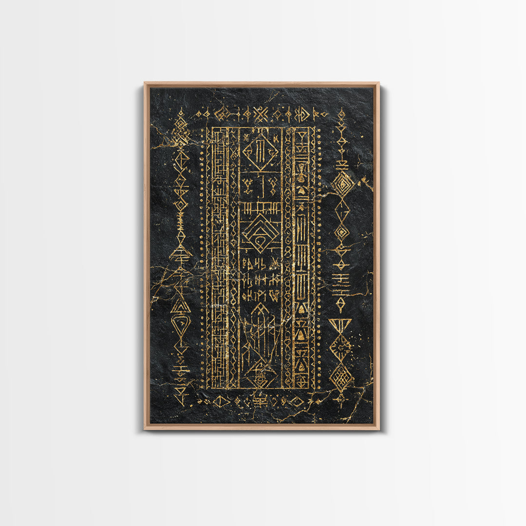 Black Gold Tribal Geometric Symbol Wall Art, Ancient African Inspired Panel, Mystical Canvas Print, Cultural Home Decor Gift