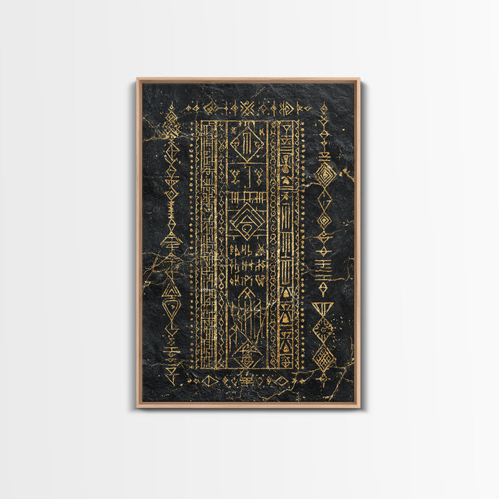 Black Gold Tribal Geometric Symbol Wall Art, Ancient African Inspired Panel, Mystical Canvas Print, Cultural Home Decor Gift