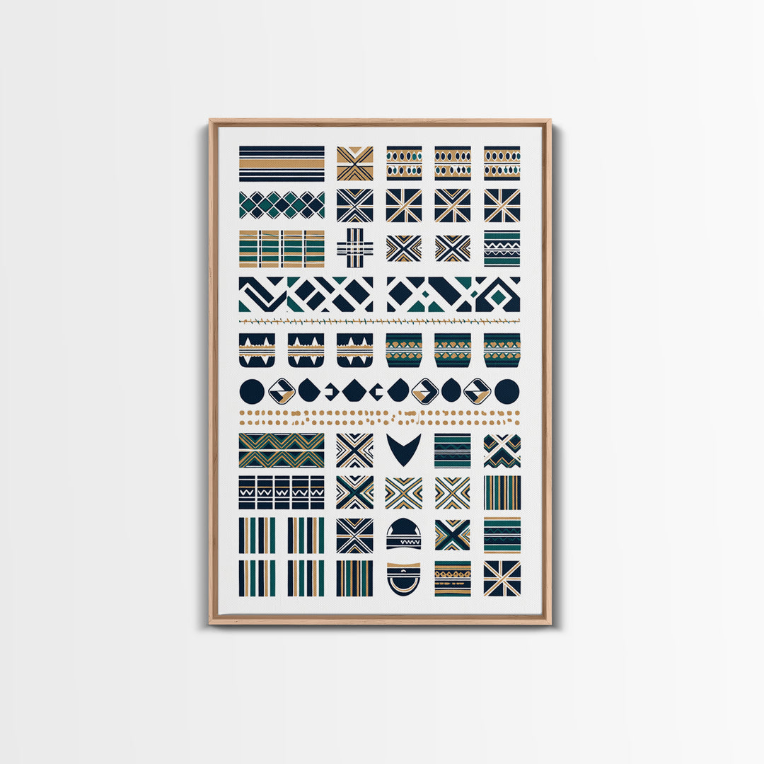African Textile Pattern Grid In Blue Gold Wall Art, Ankara Wall Art, Ethnic Art Print, Cultural Home Decor, Motherland Style Gift
