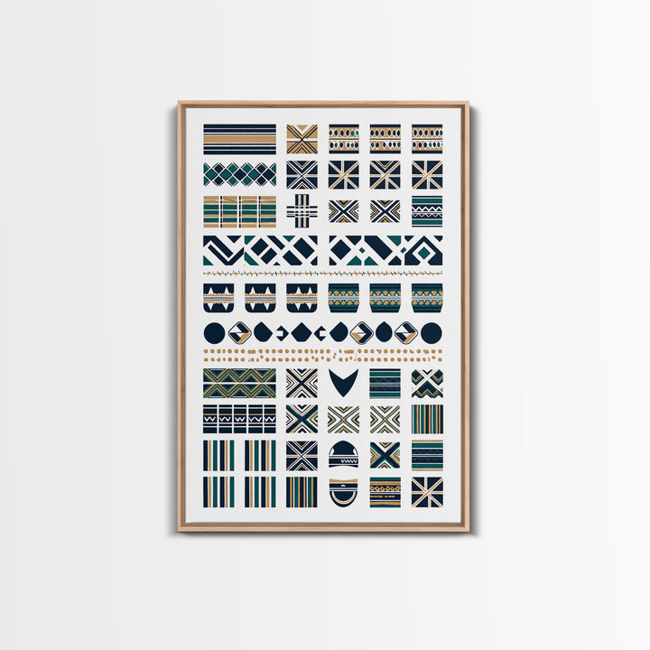 African Textile Pattern Grid In Blue Gold Wall Art, Ankara Wall Art, Ethnic Art Print, Cultural Home Decor, Motherland Style Gift