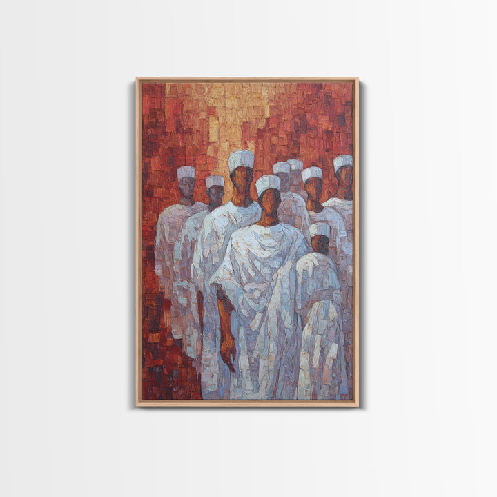 White Robed Figures In Red Impasto Framed Canvas Print, African Wall Art, Cultural Decor, Modern African Painting Gift For Home Decor