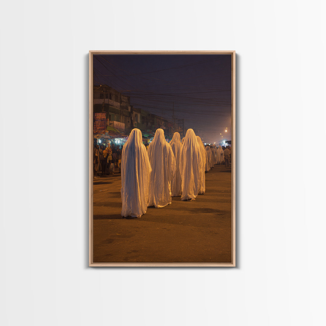 Night Street White Robed Procession Wall Art, African Travel Decor, Spiritual Cultural Art Print, Afrocentric Home Gift For Him