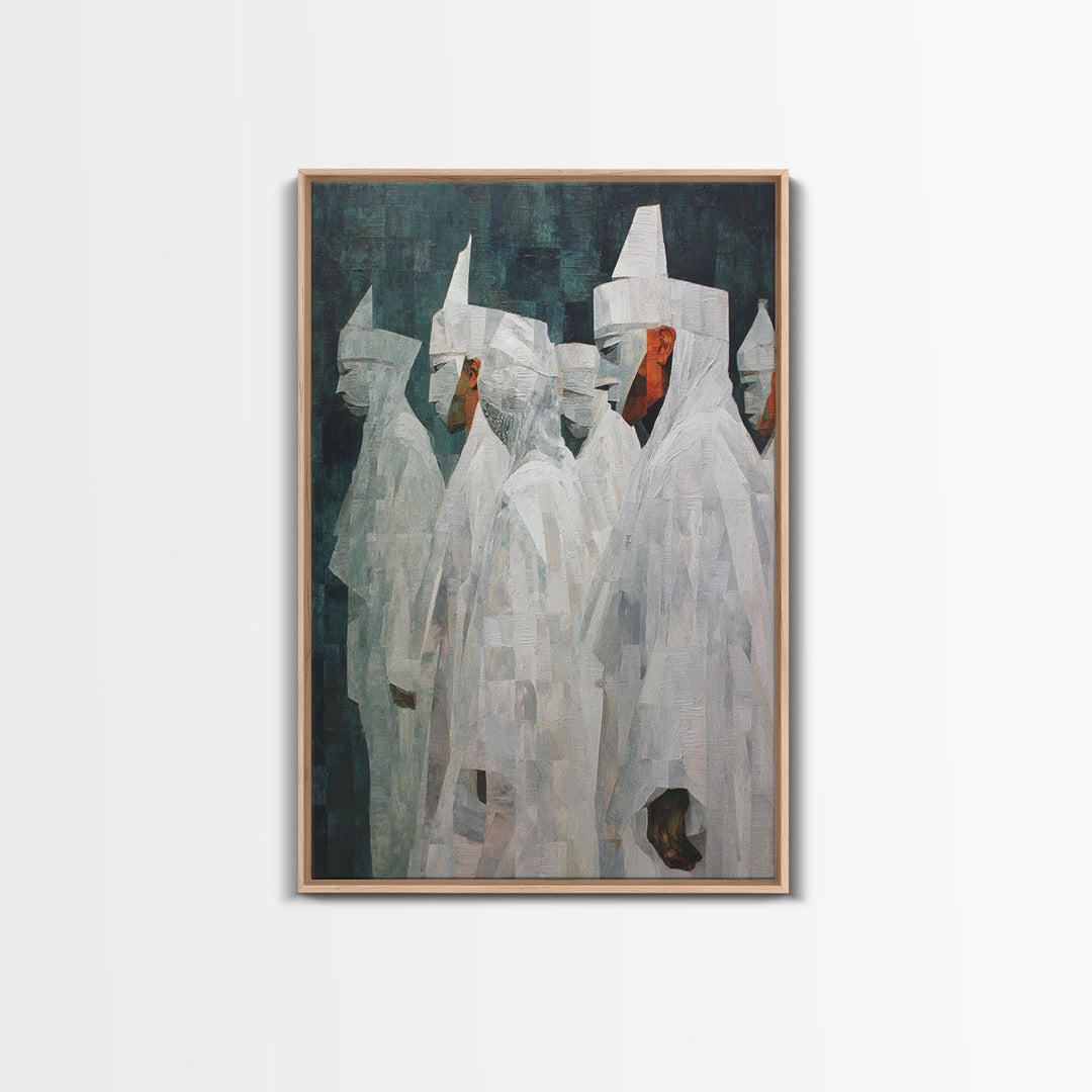 Abstract White Robed Figures On Teal Framed Canvas Print, African Wall Art, Modern Cultural Decor, Unique Home Gift For Living Room