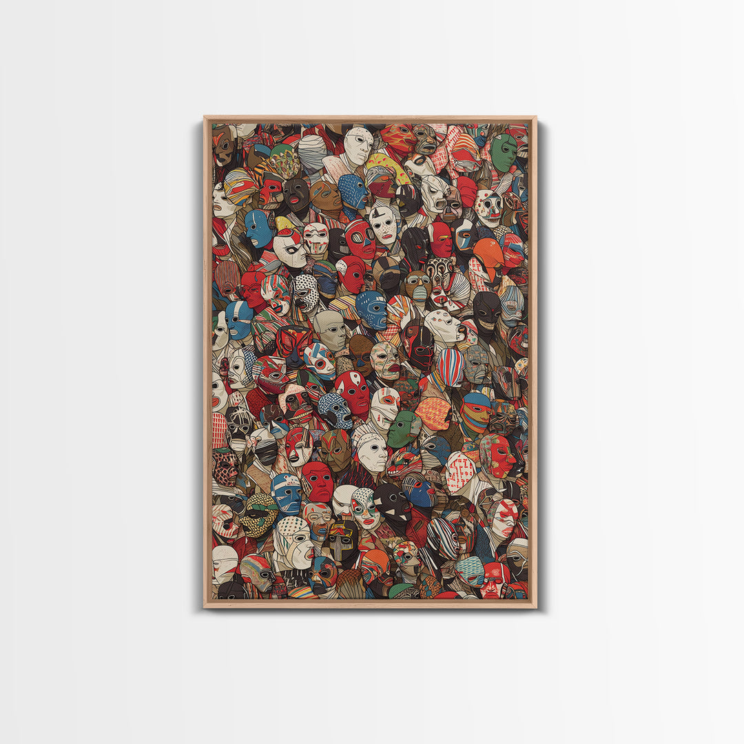 Illustrated African Mask Collage Wall Art, Colorful Tribal Pattern, Afrocentric Decor, Cultural Gallery Canvas Print Gift