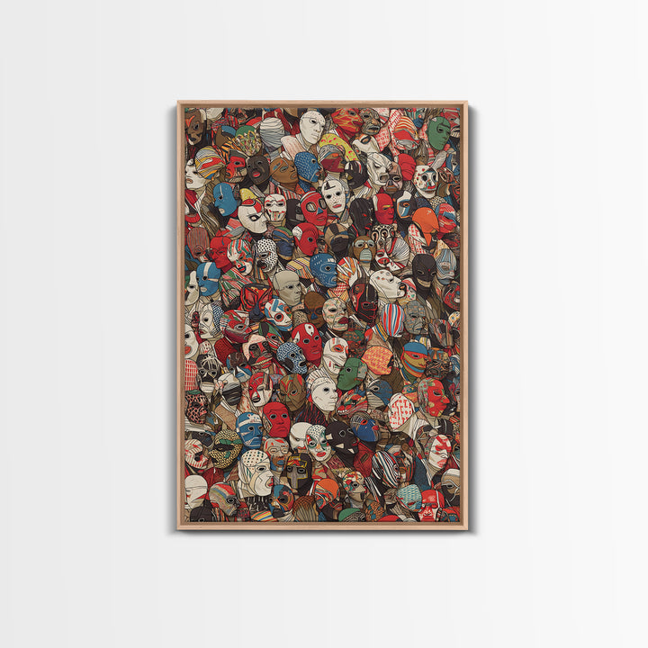 Illustrated African Mask Collage Wall Art, Colorful Tribal Pattern, Afrocentric Decor, Cultural Gallery Canvas Print Gift