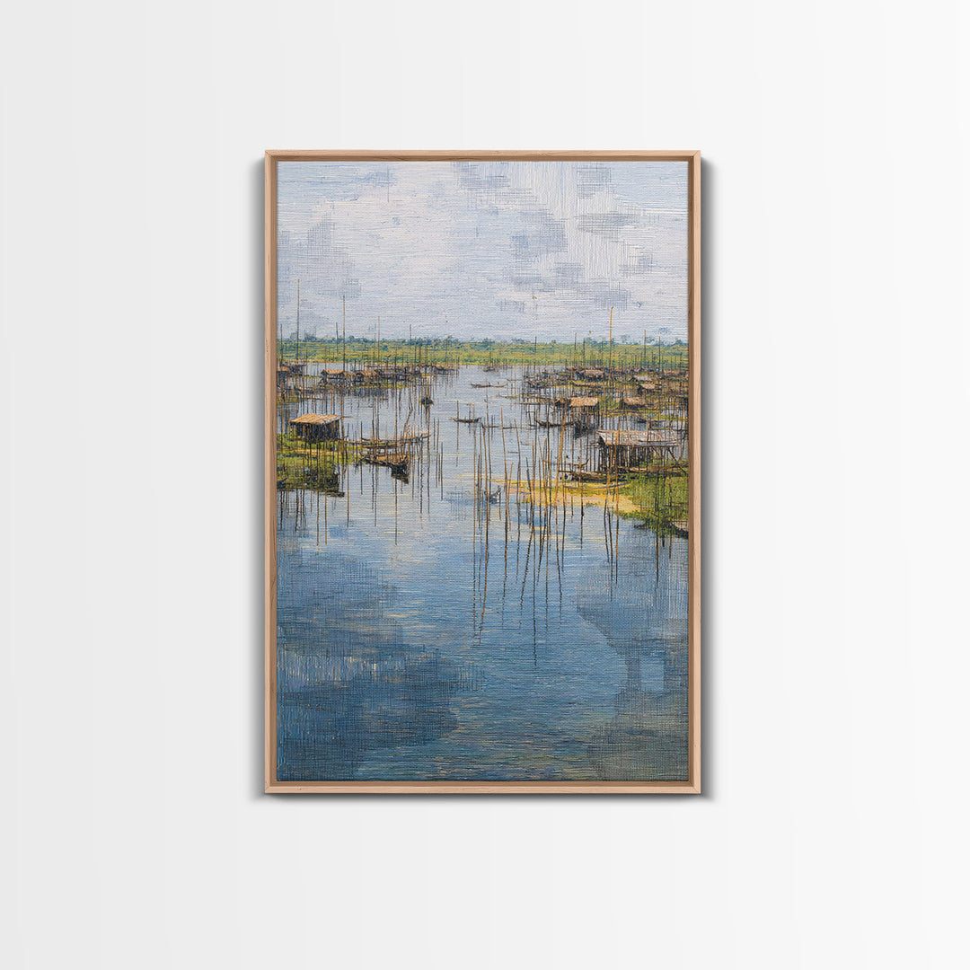 Serene African Fishing Village Wall Art, Blue Wetland Landscape Canvas, Coastal Nature Scene, Textured Home Decor For Living Room