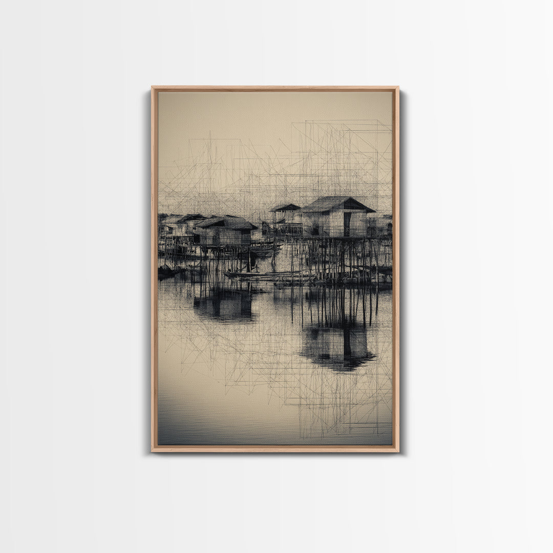 Monochrome Stilt Village Framed Canvas Print, African Fishing Huts Sketch, Minimalist Black Wall Decor For Office And Living Room