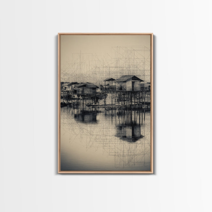Monochrome Stilt Village Framed Canvas Print, African Fishing Huts Sketch, Minimalist Black Wall Decor For Office And Living Room