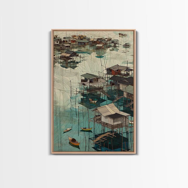 Turquoise African Stilt Houses Wall Art, Fishing Village Canvas, Coastal Landscape Print, Cultural Home Decor Gift For Living Room