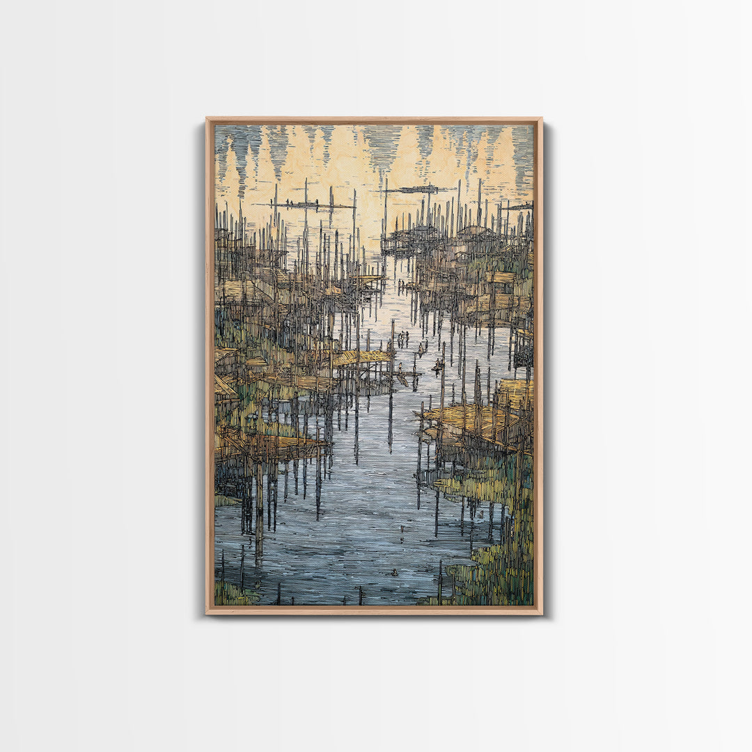 Intricate African Wetland Village Wall Art, Fishing Poles And Boats Canvas, Textured Landscape Decor For Living Room Gift