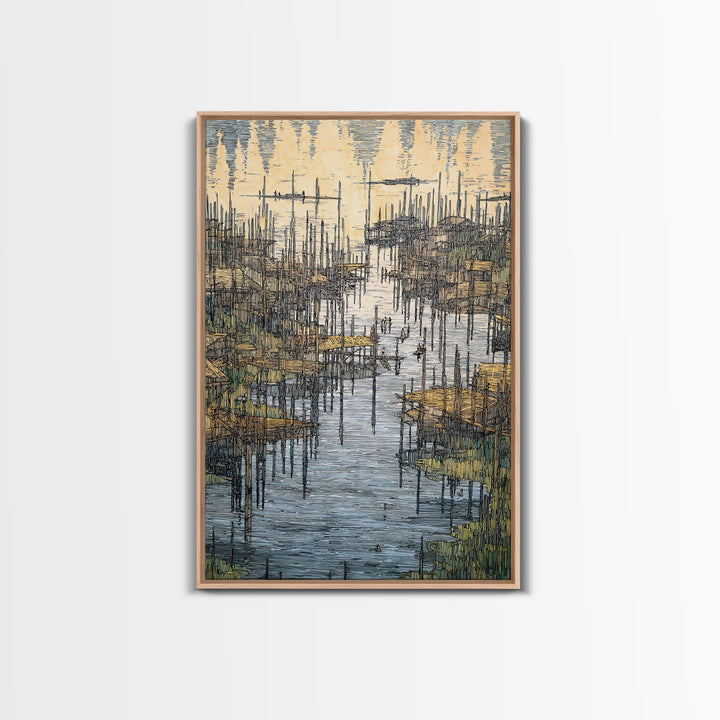 Intricate African Wetland Village Wall Art, Fishing Poles And Boats Canvas, Textured Landscape Decor For Living Room Gift