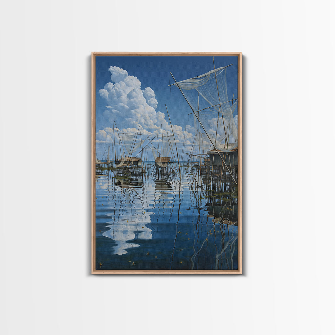 Dreamy Fishing Nets On Blue Water Wall Art, African Coastal Village Canvas, Cloud Reflection Nature Decor Gift For Home And Office