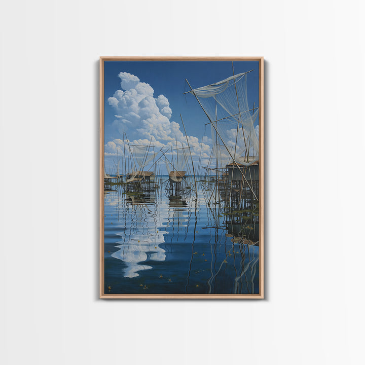 Dreamy Fishing Nets On Blue Water Wall Art, African Coastal Village Canvas, Cloud Reflection Nature Decor Gift For Home And Office