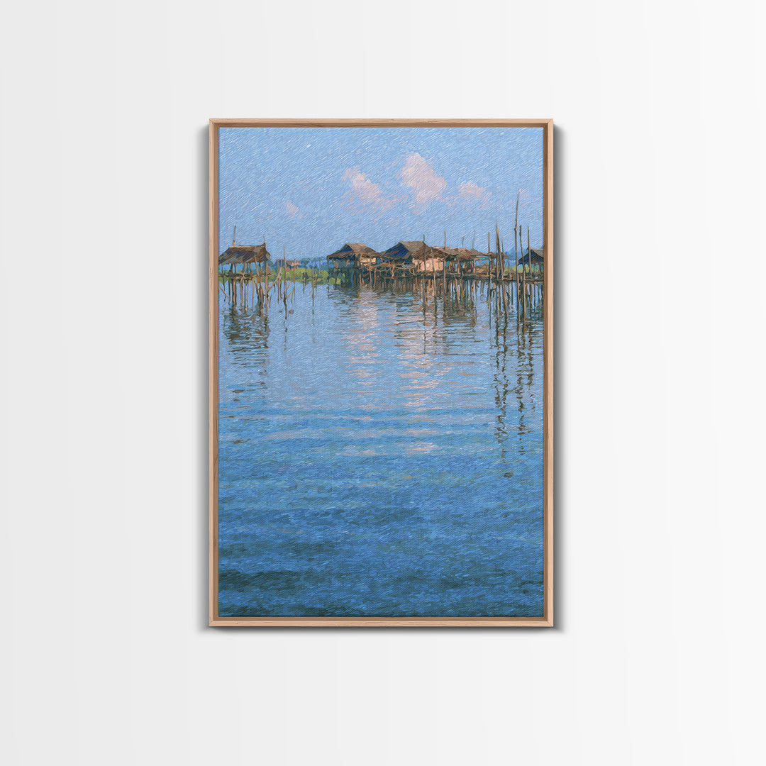 Peaceful Blue Lagoon Stilt Village Canvas Print, African Coastal Landscape, Impressionist Water Reflections Wall Decor Gift