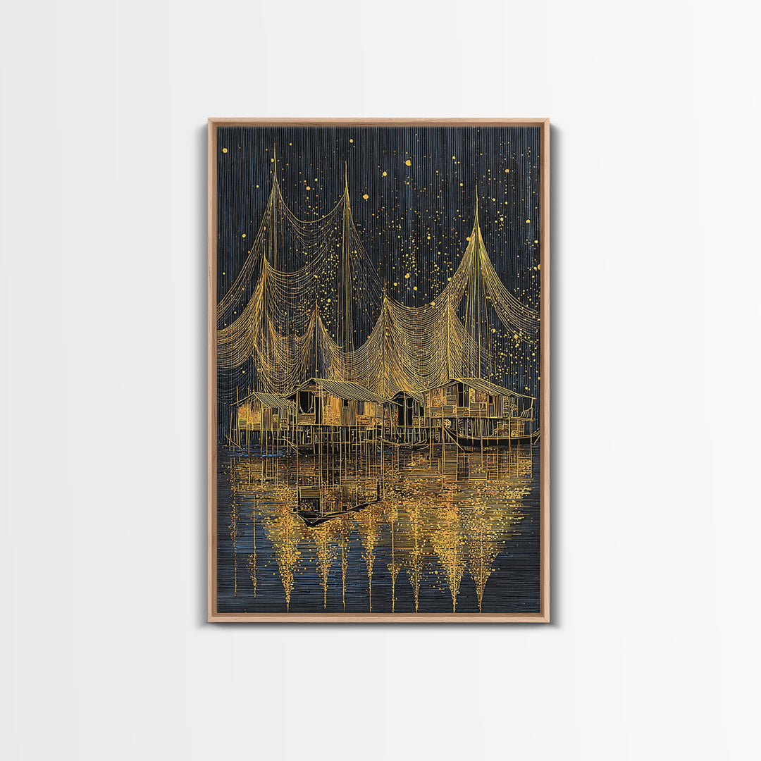 Golden Night Fishing Nets Over Stilt Houses Canvas Print, African Inspired Coastal Village Wall Decor, Black Gold Statement Art