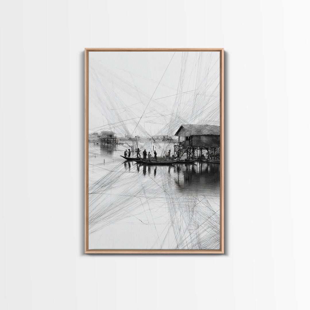 Black And White Fishing Village Sketch Wall Art, Fine Line Coastal Hut Drawing, Minimalist Lake House Decor For Gallery Walls