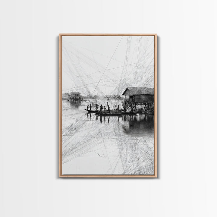 Black And White Fishing Village Sketch Wall Art, Fine Line Coastal Hut Drawing, Minimalist Lake House Decor For Gallery Walls