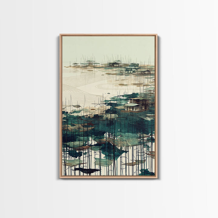 Minimal Teal Stilt Village Across Quiet Water Wall Art, Modern Coastal Landscape Canvas Print, Beige Green Living Room Decor