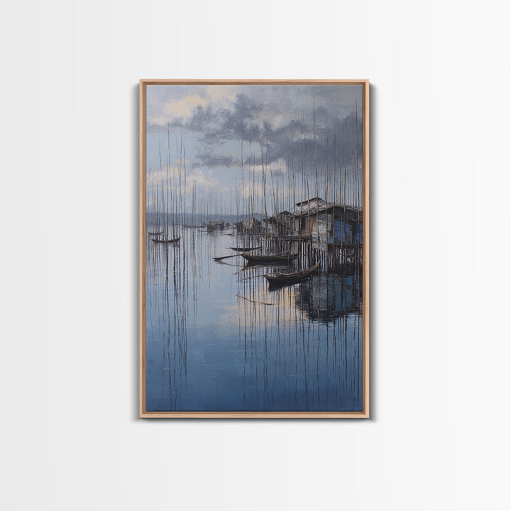Moody Blue Fishing Boats By Stilt Houses Framed Canvas Print, Serene Lake Village Wall Art, Coastal Home Decor Gift For Living Room