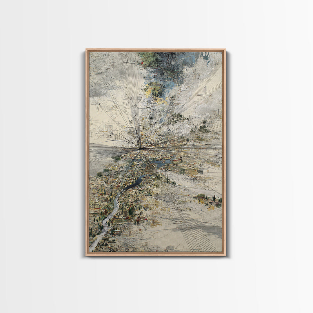 Abstract Aerial River Delta And City Lines Wall Art, Modern Landscape Canvas Print, Textured Blue Gray Gallery Office Decor