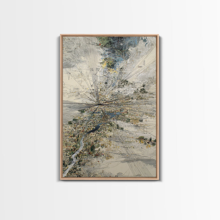 Abstract Aerial River Delta And City Lines Wall Art, Modern Landscape Canvas Print, Textured Blue Gray Gallery Office Decor