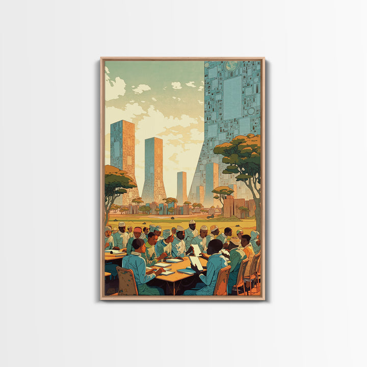 Futuristic African Scholars Skyline Wall Art, Afrocentric Art Print, Modern African Art, Office Decor, Cultural Wall Decor