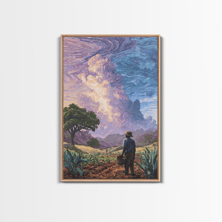 Farmer Under Swirling Storm Sky Canvas Print, African Landscape, Nature Scene Art, Earth Tone Wall Art, Living Room Decor