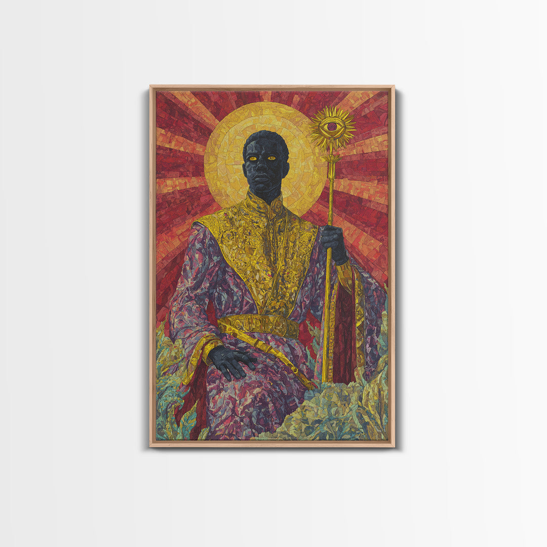 Regal Black Sun Priest Framed Canvas Print, African Queen Art, Black Goddess Art, Gold Jewelry Canvas, Statement Wall Decor