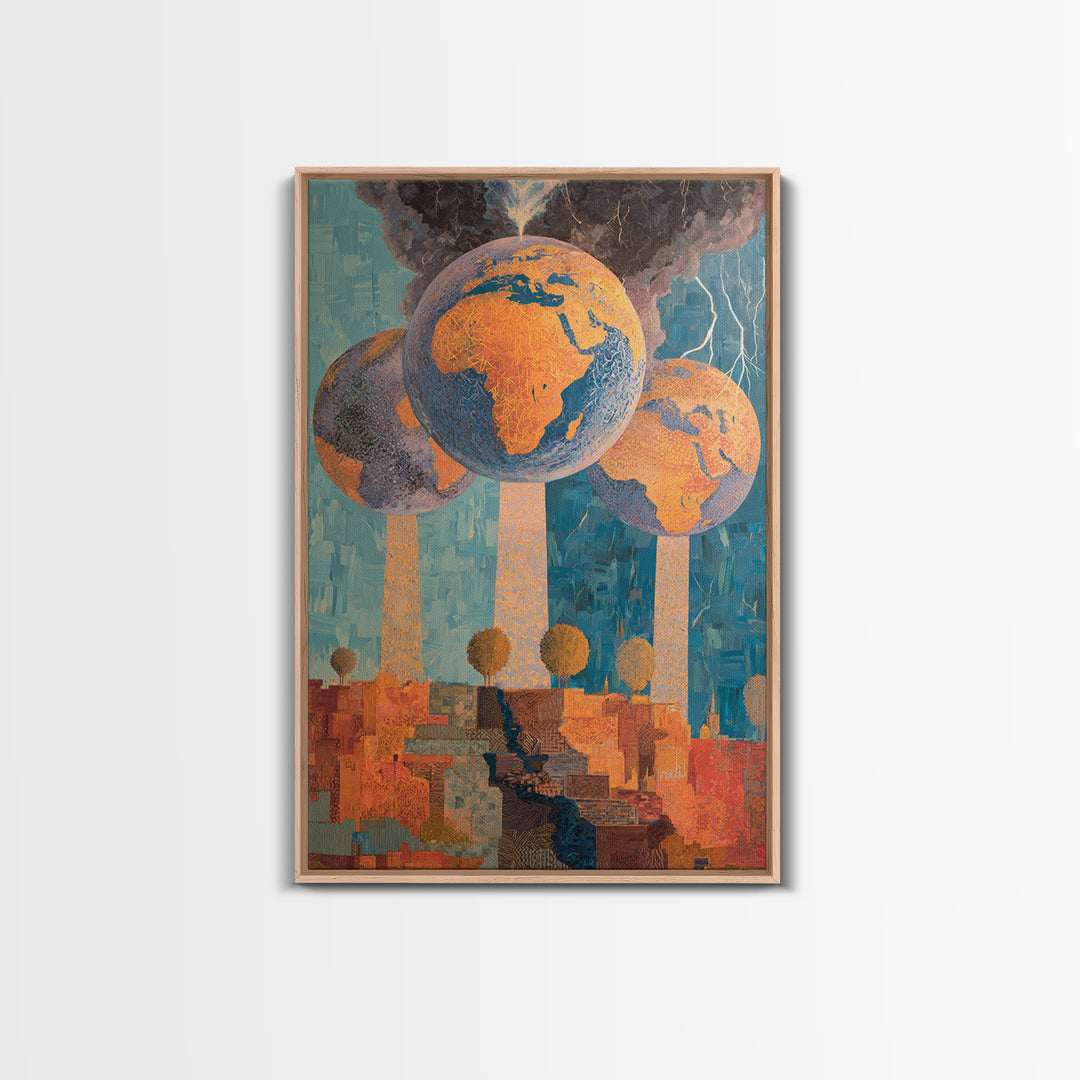 Surreal Africa Globe Trees Stormy City Wall Art, Modern African Art Print, Orange Blue Statement Decor, Afrofuturism Canvas Print
