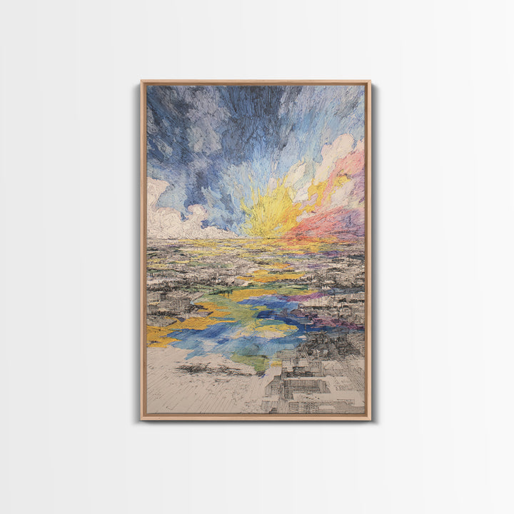 Radiant Abstract City And River Sunrise Canvas Print, Modern African Inspired Wall Art, Colorful Landscape Office Decor Gift